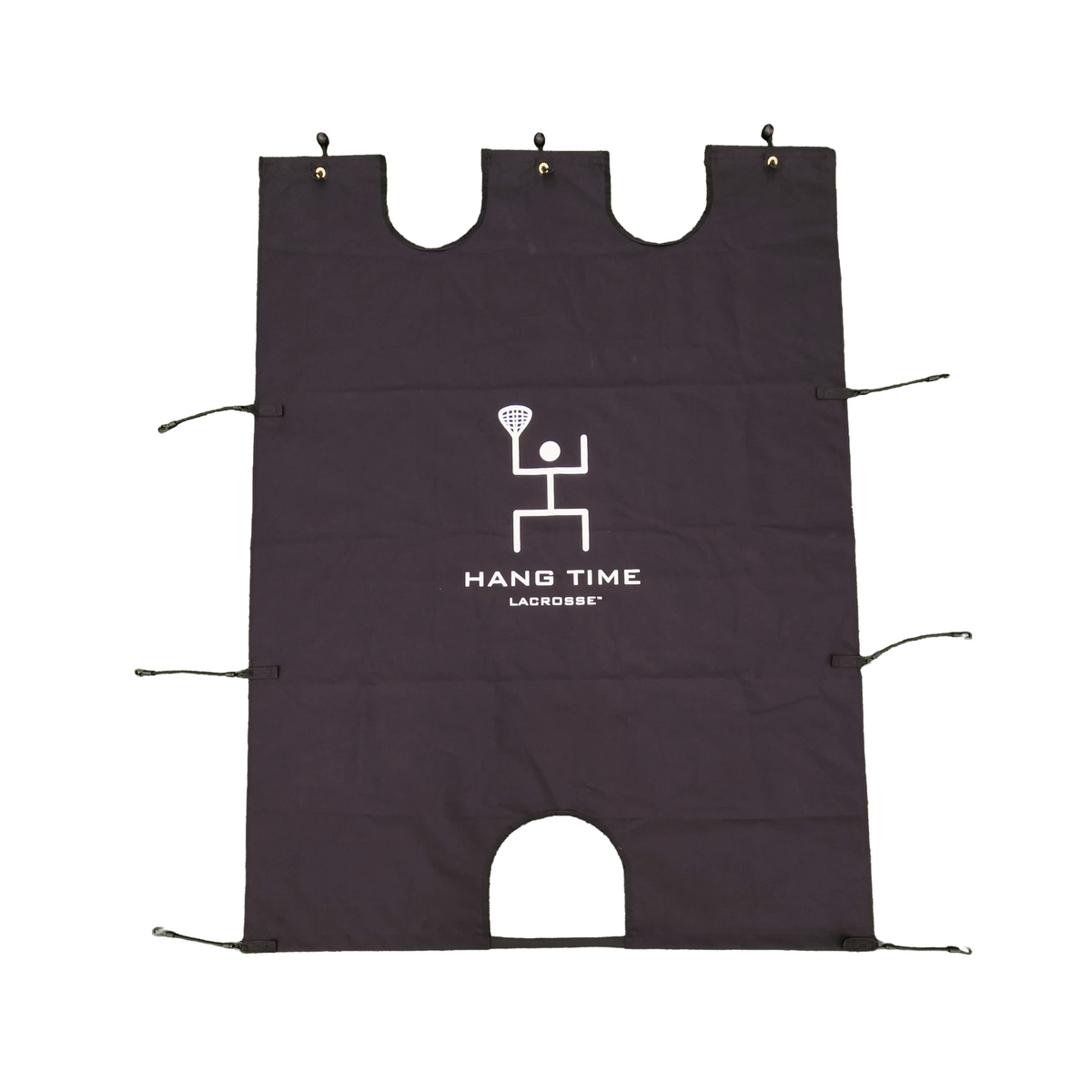 Pipe Painter Goal Blocker canvas, showing scoring cutouts, bungee attachment points, and Hang Time Lacrosse logo