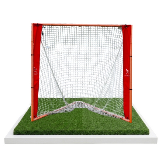 Lacrosse goal with red frame and Hang Time Lacrosse logo on each post, set up for Pipe Stripes 2-Panel targets